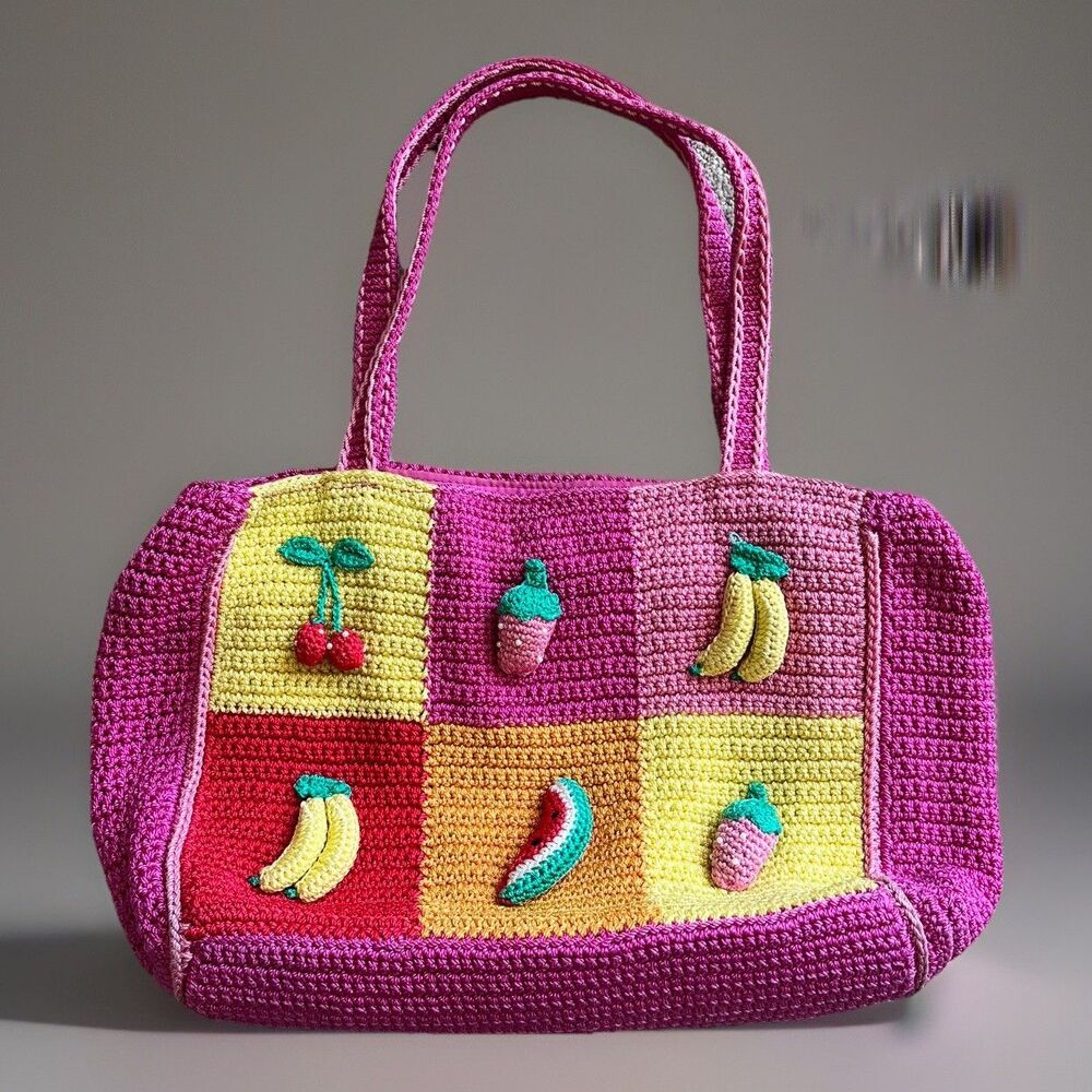 Vintage The Sak Pink Color Block Crochet Funky Fruit Patchwork Handbag Tote